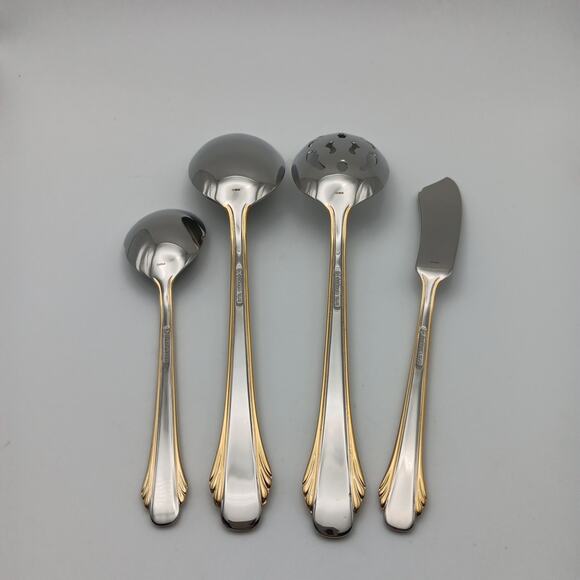 Gorham Calais Gold 4 Piece Hostess Serving Set Stainless 18/8 Flatware Glossy - Picture 2 of 3